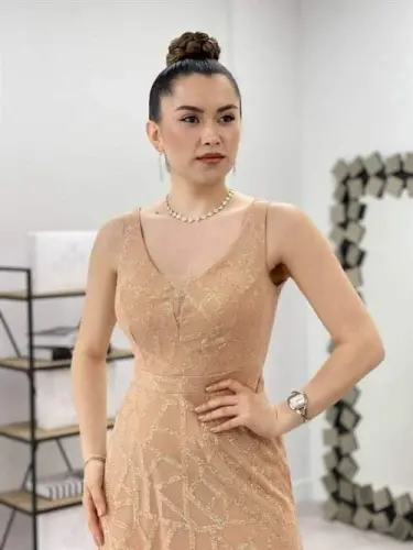 Tül Payetli Dizayn Baliq Ko'ylak - GOLD - 3