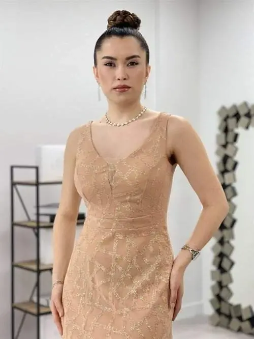 Tül Payetli Dizayn Baliq Ko'ylak - GOLD - 4