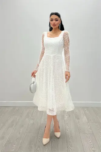 Tül Simli Kumaş Kare Yaka Midi Abiye Elbise - BEYAZ - BÜYÜKBEDENIZ (1)