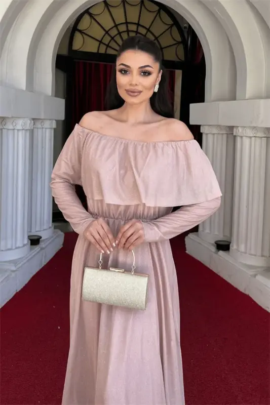 Tül ustidagi yaltiroq kechki libos - Puder - 3