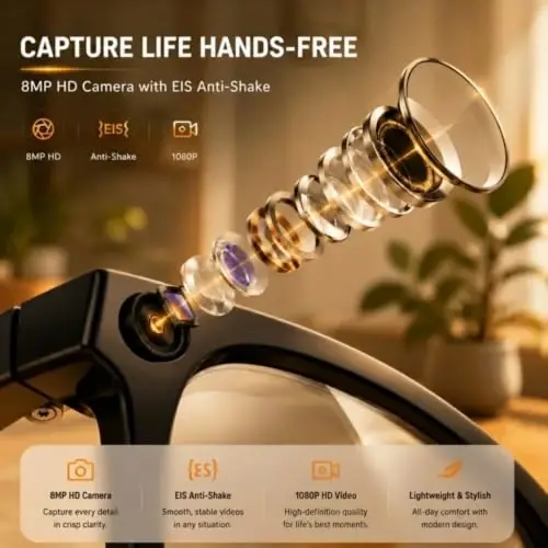 Tulbeys AI Smart Glasses with Camera, 1080P Video & Real-Time Translation | 8MP HD Camera with EIS, 139+ Language Translation, Open-Ear Audio Bluetooth Sunglasses, Object Recognition, 410 mAh Battery - 2