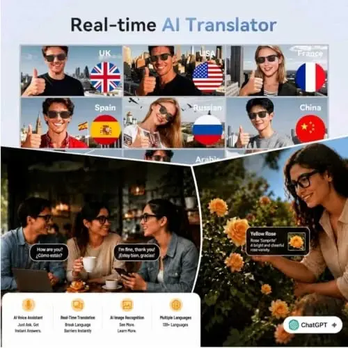 Tulbeys AI Smart Glasses with Camera, 1080P Video & Real-Time Translation | 8MP HD Camera with EIS, 139+ Language Translation, Open-Ear Audio Bluetooth Sunglasses, Object Recognition, 410 mAh Battery - 5