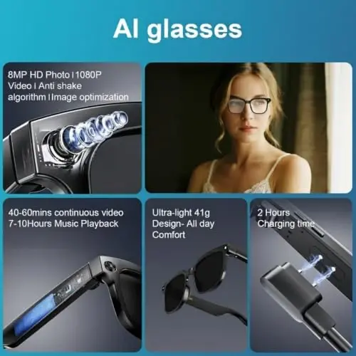 Tulbeys AI Smart Glasses with Camera, 8MP Camera, AI Translation & 4 Lenses | 1080P Video, AI Object Recognition, AI Voice Assistant, Open-Ear Bluetooth Sunglasses, 4GB Storage, IP65 Water Resistant - 3