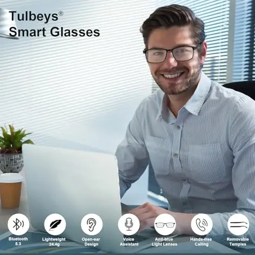 Tulbeys erkaklar va ayollar uchun aqlli ko'zoynaklar, olinadigan ultra yupqa tutqichli klassik aqlli ko'zoynaklar, ko'k nur filtrlash, ochiq quloqli Bluetooth audio ko'zoynaklar – biznes va kundalik foydalanish uchun ultra yengil dizayn - Modazone (1)