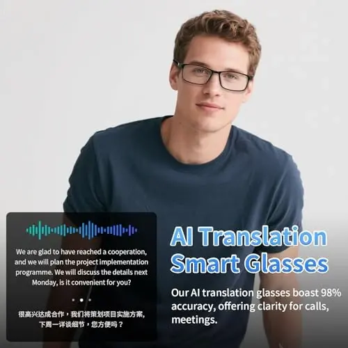 Tulbeys Smart AI Translator Glasses ChatGPT bilan ishlaydi - Real vaqtda tarjima (165+ til), AI shovqinni bekor qilish, ko'k nur filtrlash va ultra yupqa olinadigan quloqchinlar bilan Bluetooth audio ko'zoynak - 7