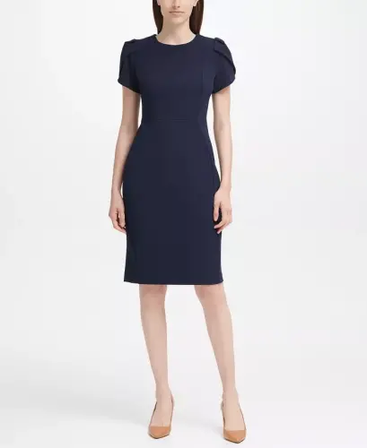 Tulip-Sleeve Sheath Dress-Indigo - 1