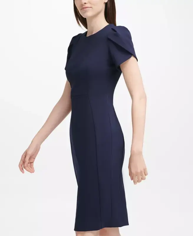 Tulip-Sleeve Sheath Dress-Indigo - 3