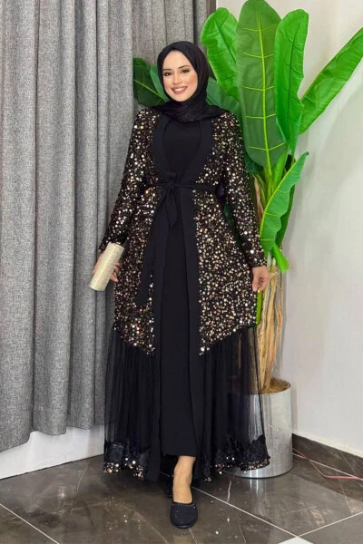 Tulle Embroidered Detail Bead Sequined Abaya 7376 Gold - BYM FASHION