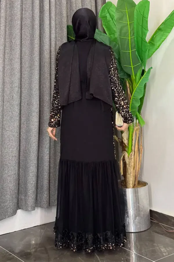 Tulle Embroidered Detail Bead Sequined Abaya 7376 Gold - 2