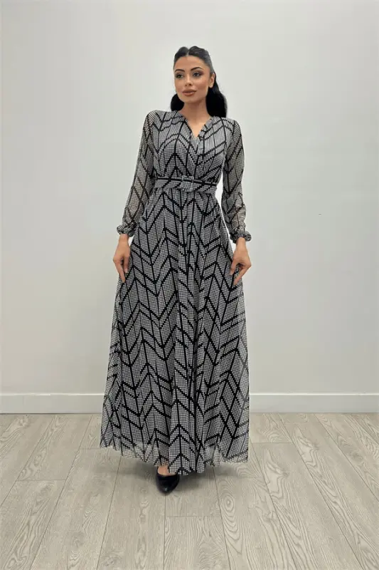 Tulle Fabric Asymmetric Pattern Maxi Dress - BLACK - BÜYÜKBEDENIZ