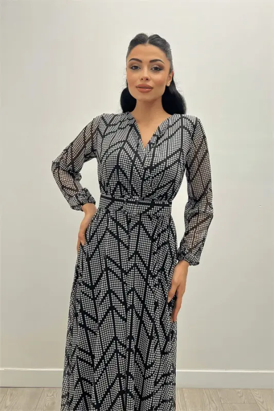 Tulle Fabric Asymmetric Pattern Maxi Dress - BLACK - 8