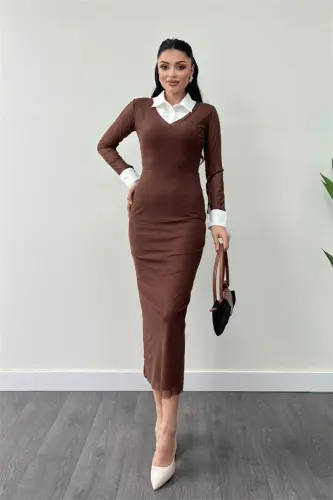 Tulle Fabric Collar Cuff Detailed Pencil Dress - BROWN - 1