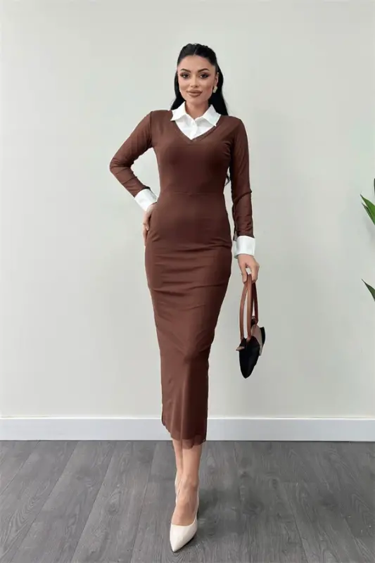 Tulle Fabric Collar Cuff Detailed Pencil Dress - BROWN - BÜYÜKBEDENIZ