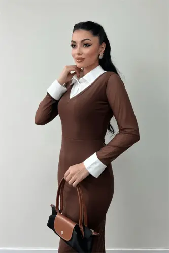 Tulle Fabric Collar Cuff Detailed Pencil Dress - BROWN - 3