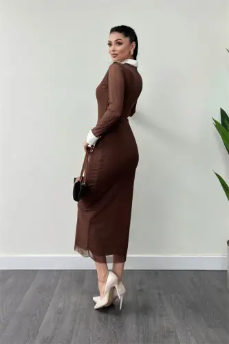 Tulle Fabric Collar Cuff Detailed Pencil Dress - BROWN - 5