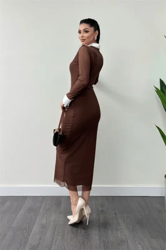 Tulle Fabric Collar Cuff Detailed Pencil Dress - BROWN - 5