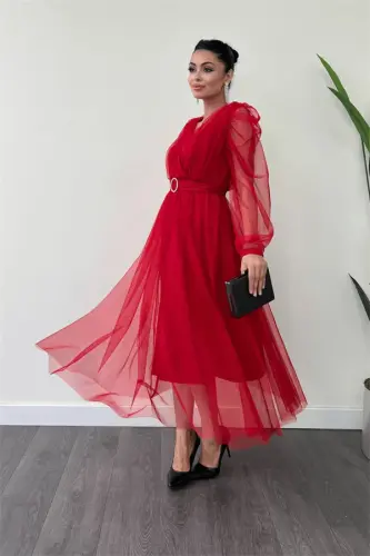 Tulle Fabric Cross-Neck Stone Belt Detailed Dress - RED - 1