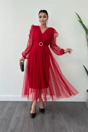 Tulle Fabric Cross-Neck Stone Belt Detailed Dress - RED - 2