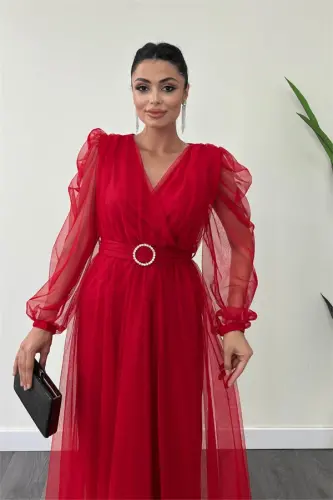 Tulle Fabric Cross-Neck Stone Belt Detailed Dress - RED - 3