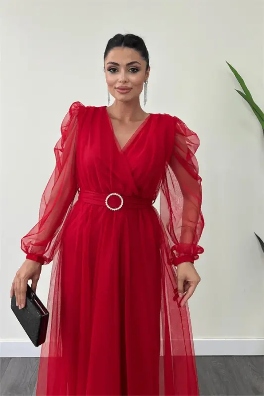 Tulle Fabric Cross-Neck Stone Belt Detailed Dress - RED - 3