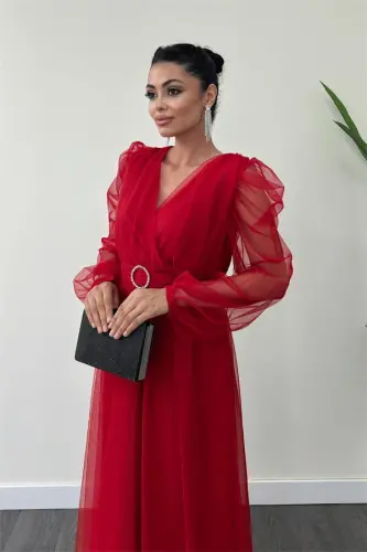 Tulle Fabric Cross-Neck Stone Belt Detailed Dress - RED - 4