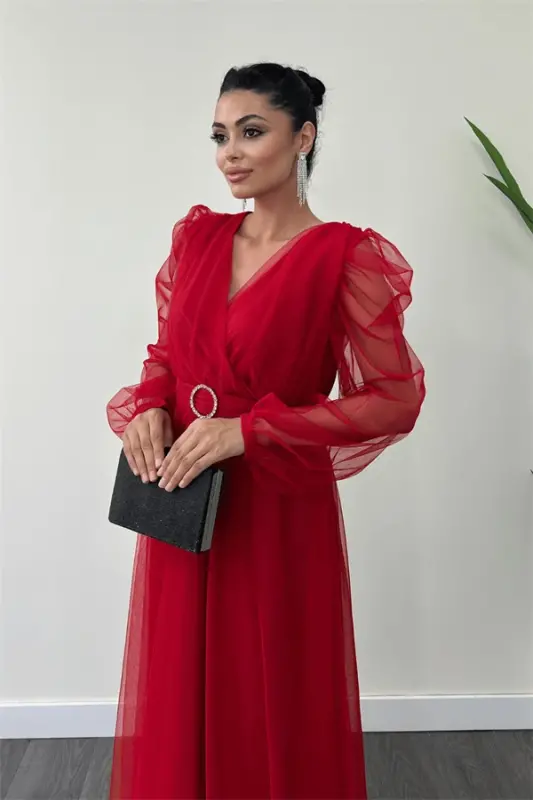 Tulle Fabric Cross-Neck Stone Belt Detailed Dress - RED - 4