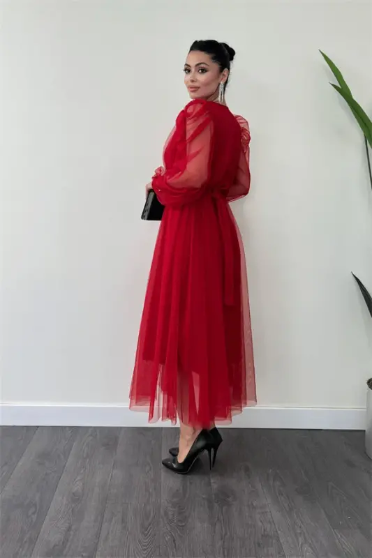 Tulle Fabric Cross-Neck Stone Belt Detailed Dress - RED - 5