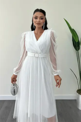 Tulle Fabric Cross-Neck Stone Belt Detailed Dress - WHITE - 6