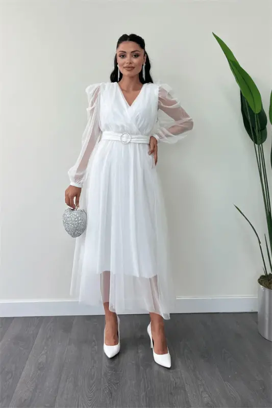 Tulle Fabric Cross-Neck Stone Belt Detailed Dress - WHITE - BÜYÜKBEDENIZ