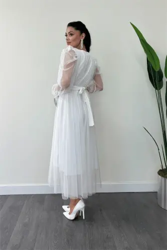 Tulle Fabric Cross-Neck Stone Belt Detailed Dress - WHITE - 8