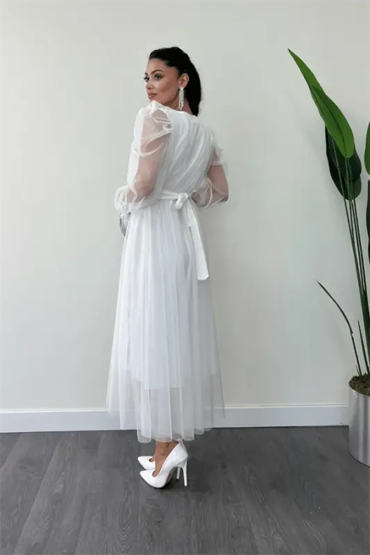 Tulle Fabric Cross-Neck Stone Belt Detailed Dress - WHITE - 8