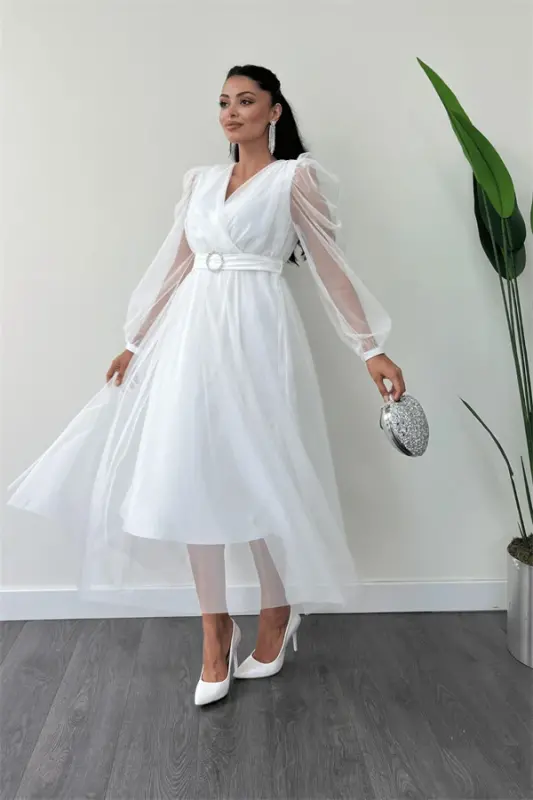 Tulle Fabric Cross-Neck Stone Belt Detailed Dress - WHITE - 2