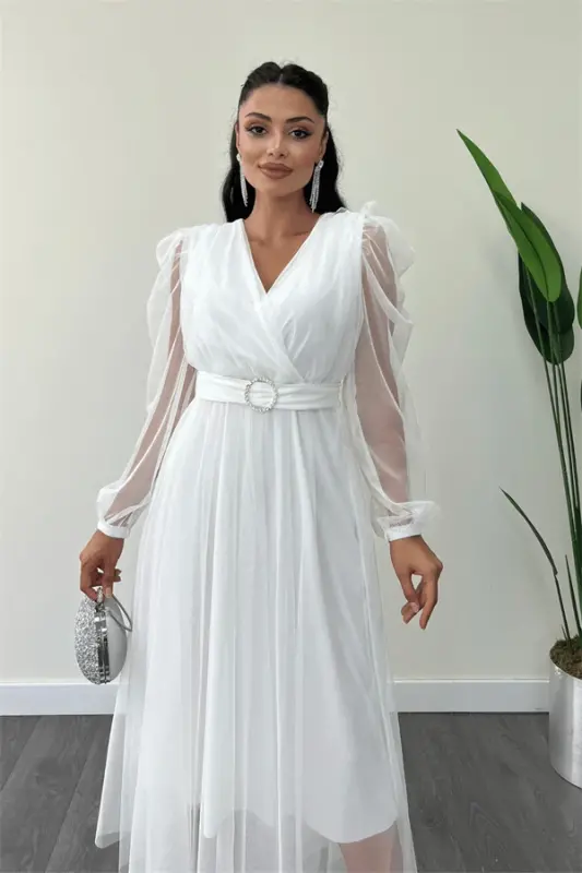 Tulle Fabric Cross-Neck Stone Belt Detailed Dress - WHITE - 3