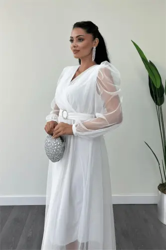 Tulle Fabric Cross-Neck Stone Belt Detailed Dress - WHITE - 4