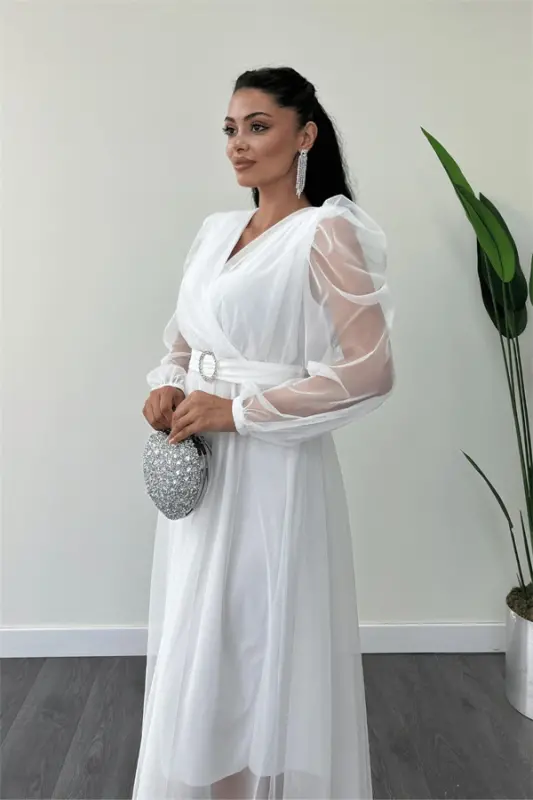 Tulle Fabric Cross-Neck Stone Belt Detailed Dress - WHITE - 4