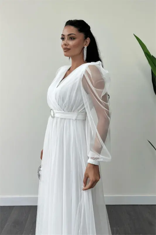 Tulle Fabric Crossover Collar Maxi Dress - WHITE - 4
