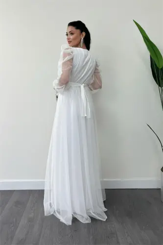 Tulle Fabric Crossover Collar Maxi Dress - WHITE - 5