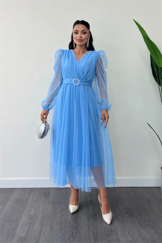 Tulle Fabric Crossover Neck Stone Belt Detailed Dress - BABY BLUE - 1