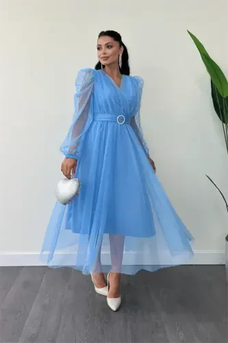 Tulle Fabric Crossover Neck Stone Belt Detailed Dress - BABY BLUE - BÜYÜKBEDENIZ (1)