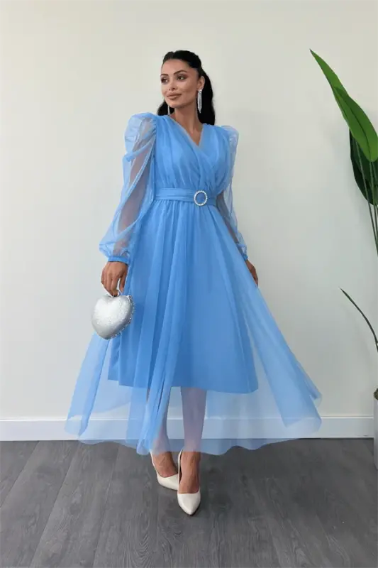 Tulle Fabric Crossover Neck Stone Belt Detailed Dress - BABY BLUE - 2