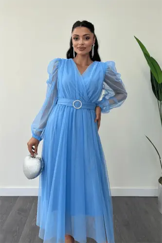 Tulle Fabric Crossover Neck Stone Belt Detailed Dress - BABY BLUE - 4
