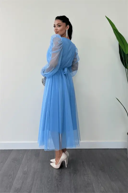 Tulle Fabric Crossover Neck Stone Belt Detailed Dress - BABY BLUE - 5