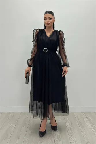 Tulle Fabric Crossover Neck Stone Belt Detailed Dress - BLACK - 1
