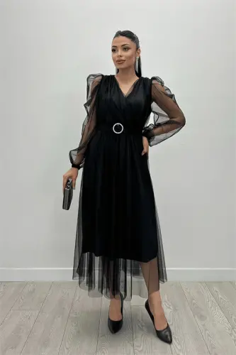 Tulle Fabric Crossover Neck Stone Belt Detailed Dress - BLACK - BÜYÜKBEDENIZ (1)
