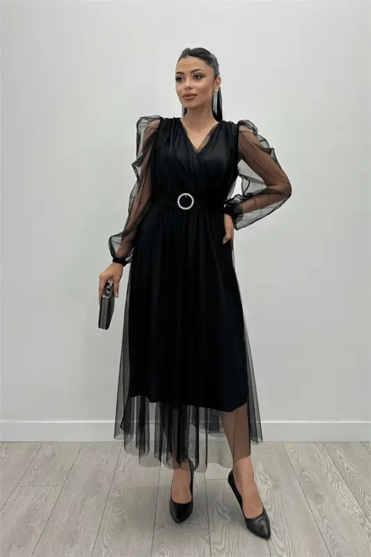 Tulle Fabric Crossover Neck Stone Belt Detailed Dress - BLACK - 2