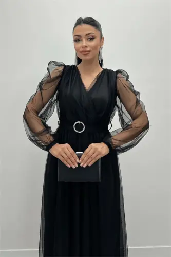 Tulle Fabric Crossover Neck Stone Belt Detailed Dress - BLACK - 4