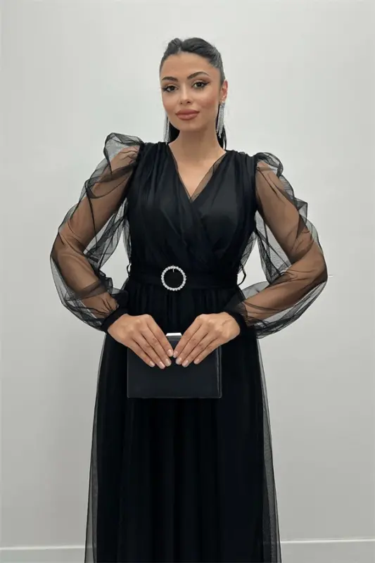 Tulle Fabric Crossover Neck Stone Belt Detailed Dress - BLACK - 4