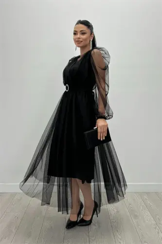 Tulle Fabric Crossover Neck Stone Belt Detailed Dress - BLACK - 6