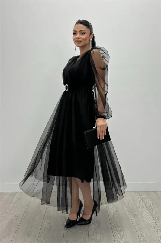 Tulle Fabric Crossover Neck Stone Belt Detailed Dress - BLACK - 6