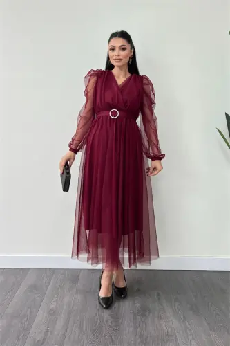 Tulle Fabric Crossover Neck Stone Belt Detailed Dress - BORDEAUX - 1